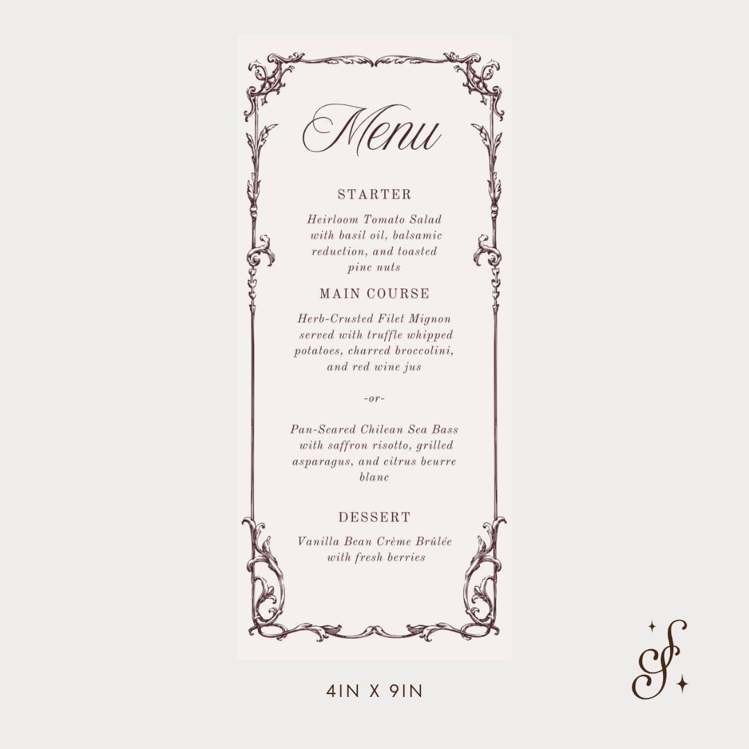 Evelyn Collection Dinner Menu