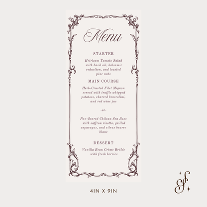 Evelyn Collection Dinner Menu